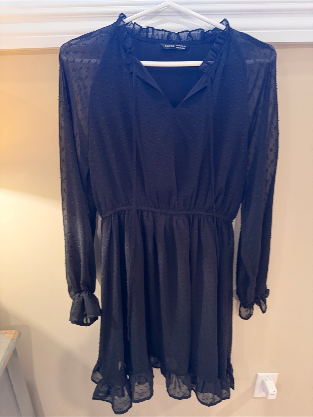 SHEIN Black Long Sleeve Swiss Dot Ruffle Dress